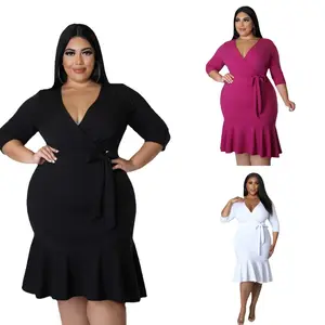 Women Spring Apparel 2023 European And American Deep V Ruffle Formal Elegant Plus Size Dresses For Women