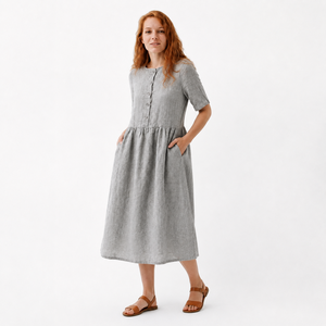 Produzione di Abbigliamento OEM, <span class=keywords><strong>Abito</strong></span> Personalizzato in Cotone e Lino, <span class=keywords><strong>Camicia</strong></span> a Maniche Corte, Vestito <span class=keywords><strong>Midi</strong></span> Plissettato a Vita Alta - Product Image 2