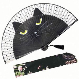 Éventail pliant en soie et bambou motif chat de dessin animé pour femme, petit style japonais, idéal pour les fêtes ou les décorations de mariage - Product Image 1