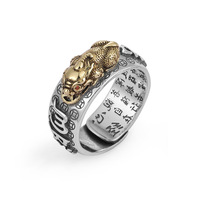 Bague PiXiU Mantra Protection et Richesse, Réglable, en Argent Thaïlandais Rétro, avec Grenouille Dorée et Sutra du Cœur, Style Punk Feng Shui, pour Femmes et Hommes