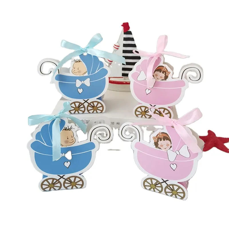 Roze Meisje Blauw Jongen Papier Kinderwagen Candy Box Kids Geschenkdoos Gunst Box Baby Shower Verjaardagsfeestje Decoratie Benodigdheden