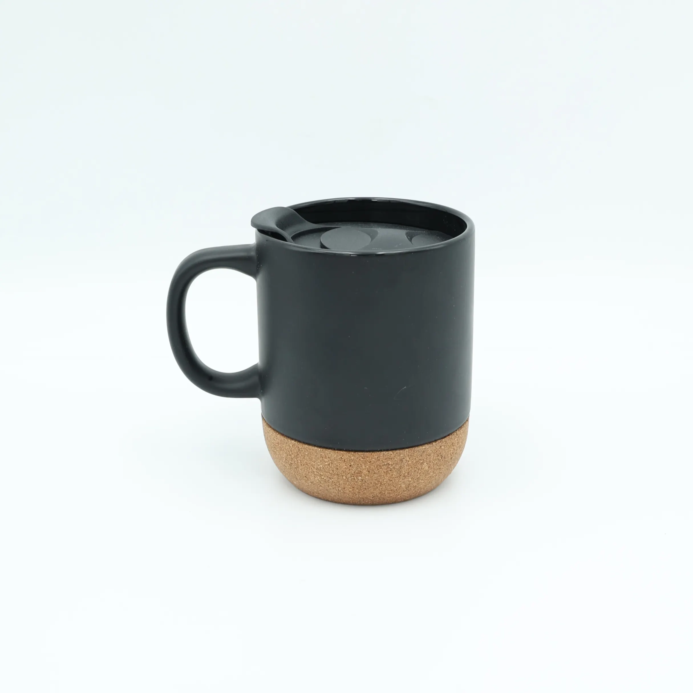 Custom Logo Cork Mug Matte black white ceramic cork Base coffee mugs With Wooden Cork Bottom and Plastic Lid