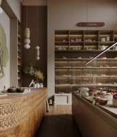 Service de design d'intérieur de café vintage en bois, rénovation personnalisée de boulangerie-café avec comptoir de bar de luxe