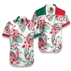 Hawaii Floral with Mexico Flag Designs Clothes Men's Casual Shirt Short Sleeve Shirts Man Top Wholesale Holiday Button Clothing