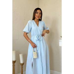 Wholesale Casual Baby Blue <b>Wrap</b>-Around Muslin <b>Linen</b> <b>Dress</b> - Product Image 4