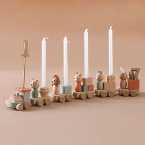 New Design Multi-Function Candle Children'S Cake Decoration Birthday Party Dress Up Toy Track Set Wooden Birthday Trains Toy