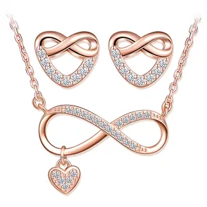 S925 Silver Heart Earrings Necklace Infinity Jewelry Sets Rose Gold