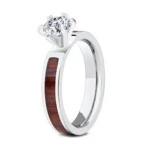 Gentdes Jewelry 4mm Titanium Wood Wedding Ring With CZ Stone New Designs Wood Rings Fine Jewelry Rings