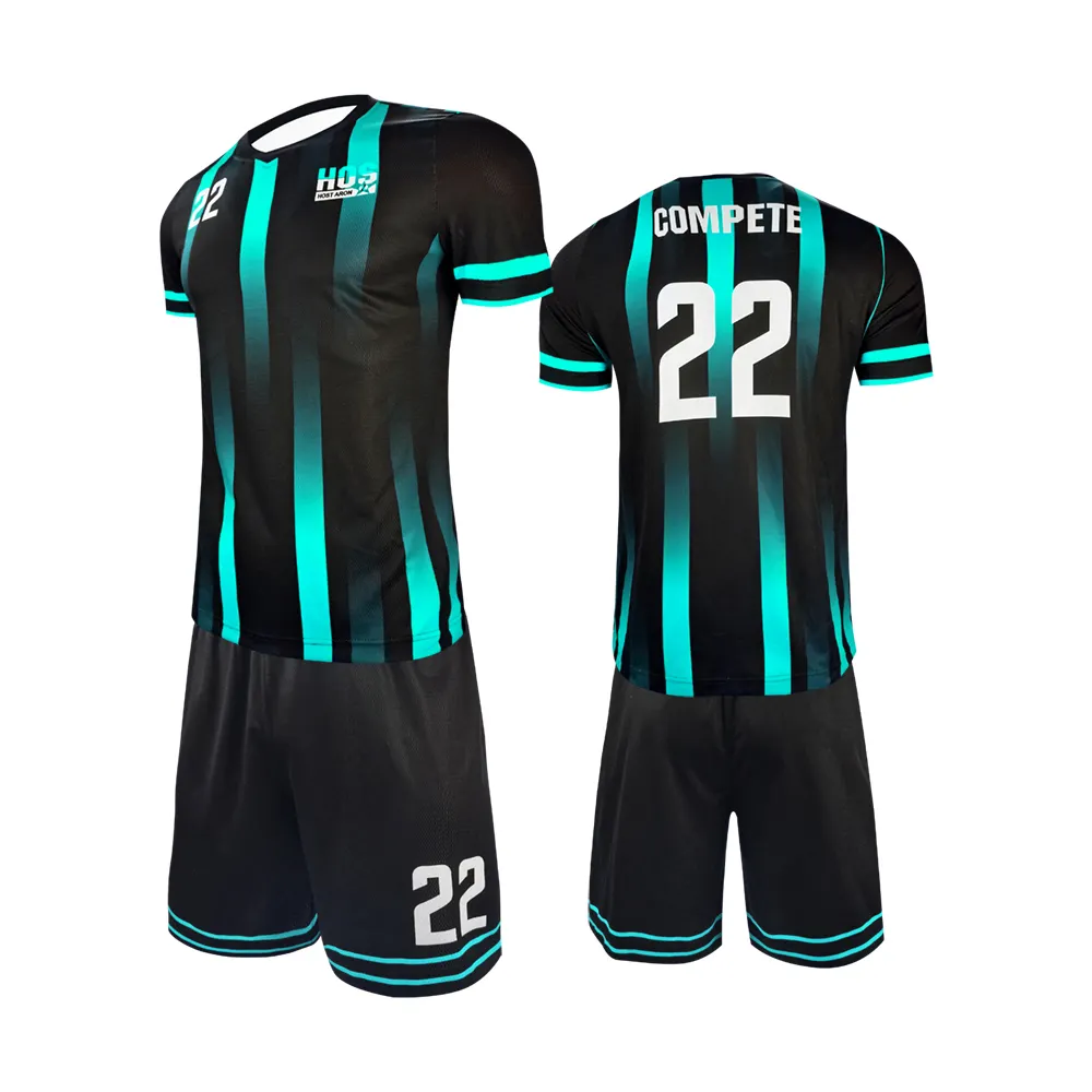 Erkek spor OEM Polyester için takım adı özel futbol forması setleri ile HOSTARON futbol kıyafetleri üniforma