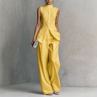 Ensemble deux pièces pour femmes, haut sans manches à la mode décontractée d'été, coupe ajustée, couleur unie + pantalon large