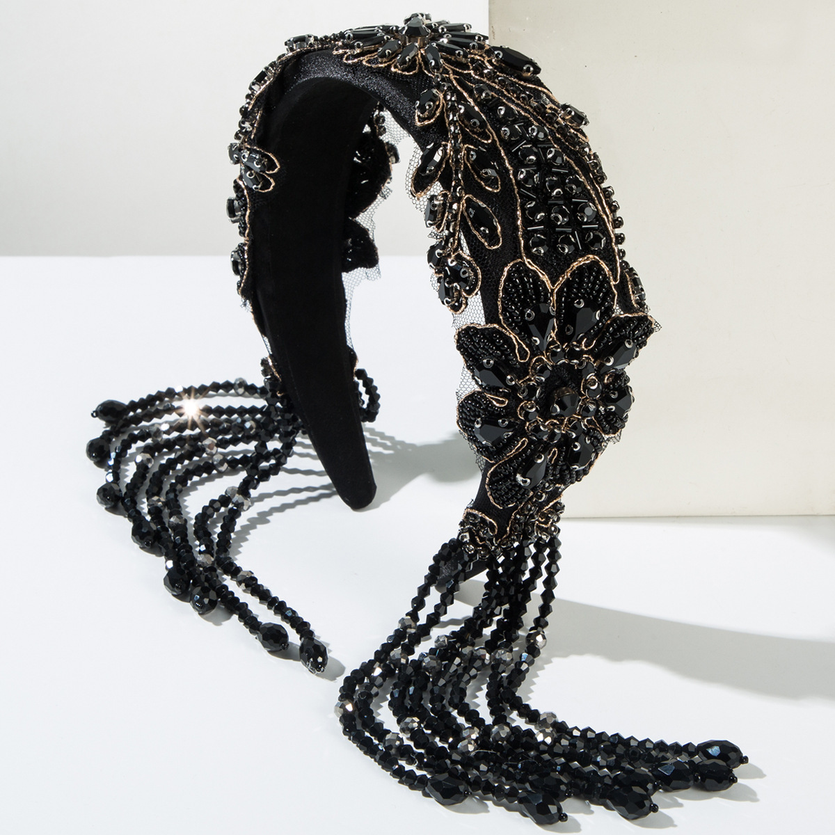 Fashion New Black Diamond studded Tassel Headband 4cm Wide  display picture 2
