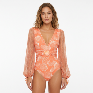 Traje de baño de una pieza con estampado de conchas marinas para mujer, cuello en V profundo, manga larga abullonada de malla, control de abdomen, monokini, traje de baño de playa al por mayor - Product Image 1