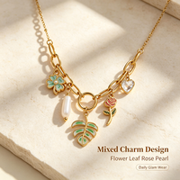 Collier en émail dopamine coloré plaqué or 18 carats en acier inoxydable avec breloques trèfle, rose, perle, feuille, cœur hawaïen, fleur