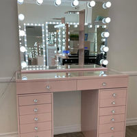 Table de toilette et de maquillage moderne en bois rose avec fonction anti-basculement et miroir pour salle de bain et maisons familiales
