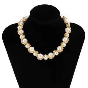 NUORO Pastoral Style für Frauen Mädchen Dicke geflochtene Kette Twist Rope Chain Verstellbare Faux String Pearl Beads Choker Halskette