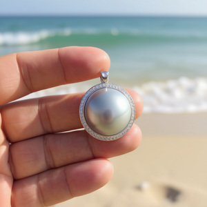 Colgante de perla Mabe chapado en platino de 27 mm, redondo, grado AAA, con halo de diamantes, para mujer, joyería de lujo - Product Image 3