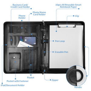มืออาชีพที่กำหนดเองสำนักงาน A4หนังสีดำซิป Portfolio แฟ้มโฟลเดอร์คลิปบอร์ด - Product Image 4