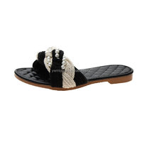 Sandales plates d'été pour femmes FC-080 2024, légères, luxueuses, à perles, à lanières croisées, bout carré, en cuir PU