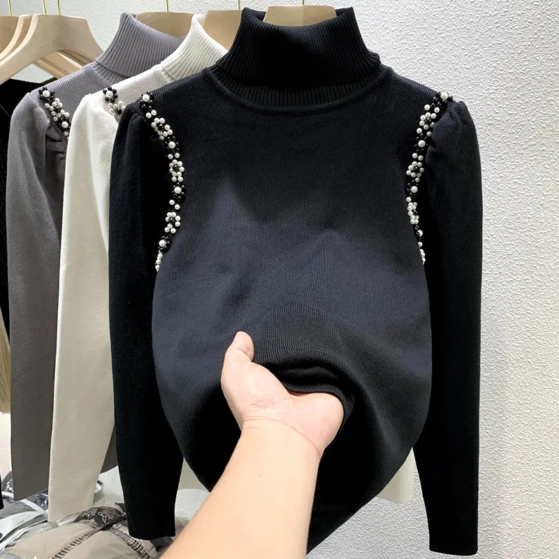 Women's Turtleneck Sweater 2022 Autumn Winter Beads Top Lady Western Style Bottoming Sweater Fashion Wholesale