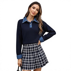 Pull en tricot pour femme à col en jean, manches longues, décontracté, avec poignets contrastants, coupe ample, collection automne-hiver - Product Image 4