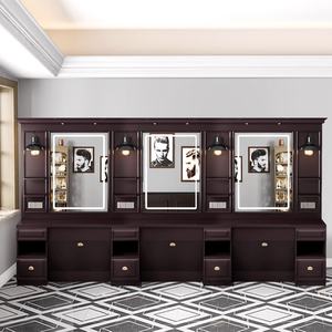 Table de Barbier Vintage en Bois de Style Européen avec Miroir et Chaise de Barbier avec Lumières, Mobilier de Salon de <span class=keywords><strong>Coiffure</strong></span> pour Hommes - Product Image 1