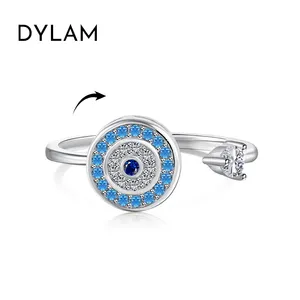 Dylam New Design Solid Sterling Silver Rhodium 18K Gold Rotatable Spinning Anxiety Evil Blue Eyes Adjustable 5A Zirconia Rings