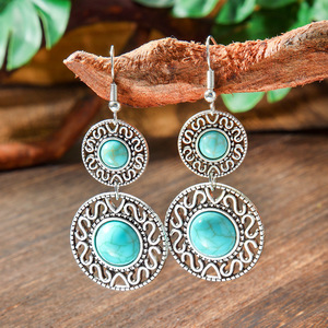 Pendientes Colgantes de Turquesa, Estilo Bohemio Geométrico, Joyería de Fiesta para Mujer, Aleación de Plata Tibetana con Engaste de Bisel, Pendientes de Moda - Product Image 3
