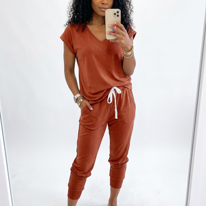 Women's Two Piece Breathable Lightweight Tracksuit Casual Summer V Neck Short Sleeve <b>Tops</b> Drawstring Jogger Pants Lounge Outfit - Product Image 1