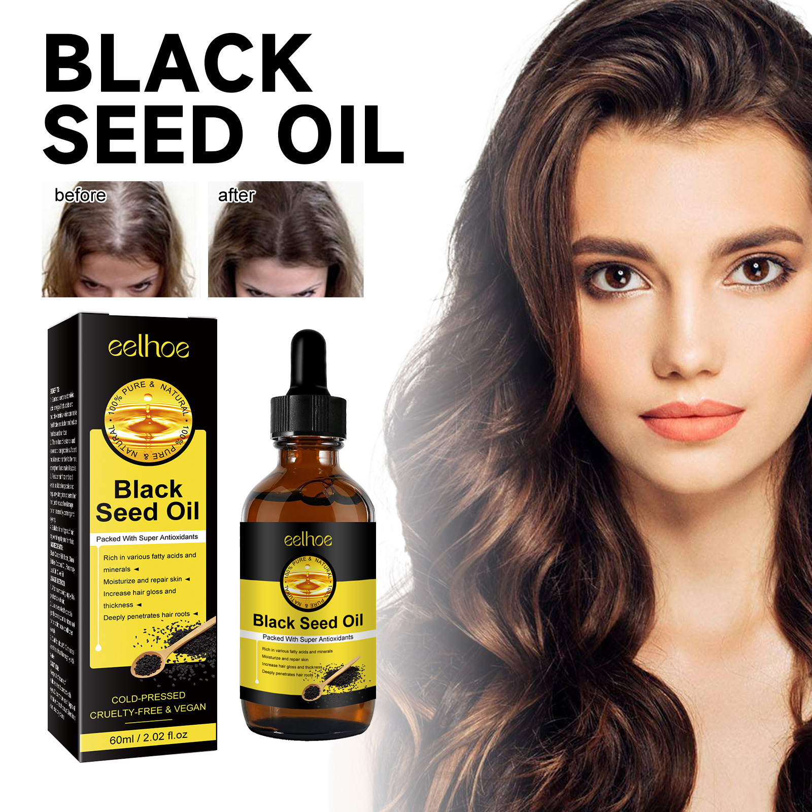 Populaire EELHOE Cruelty Free Pure Black Seed Oil Anti-loss Renforcer le lustre Sérum à l'huile pour la repousse des cheveux