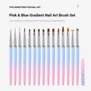 Customizable 15 Piece Nail Art Tool Set Nylon Oval Liner Brush Blue <b>Pink</b> Gradient Handle for Nail Salon Design Gel Painting - Product Image 5