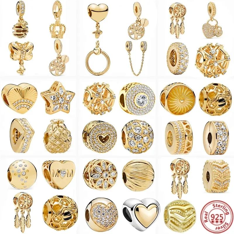 925 Sterling Silver Sparkling Hearts Square Halo Family Tree Angel Gold Plated Beads Fit Original Brand Charms Bracelet Jewelry