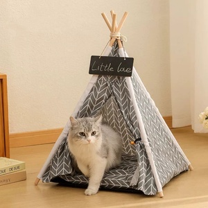 Tente pour <span class=keywords><strong>chat</strong></span> en lin imprimé et bois, écologique, portable, avec sol et <span class=keywords><strong>lit</strong></span> amovibles et lavables - Product Image 1