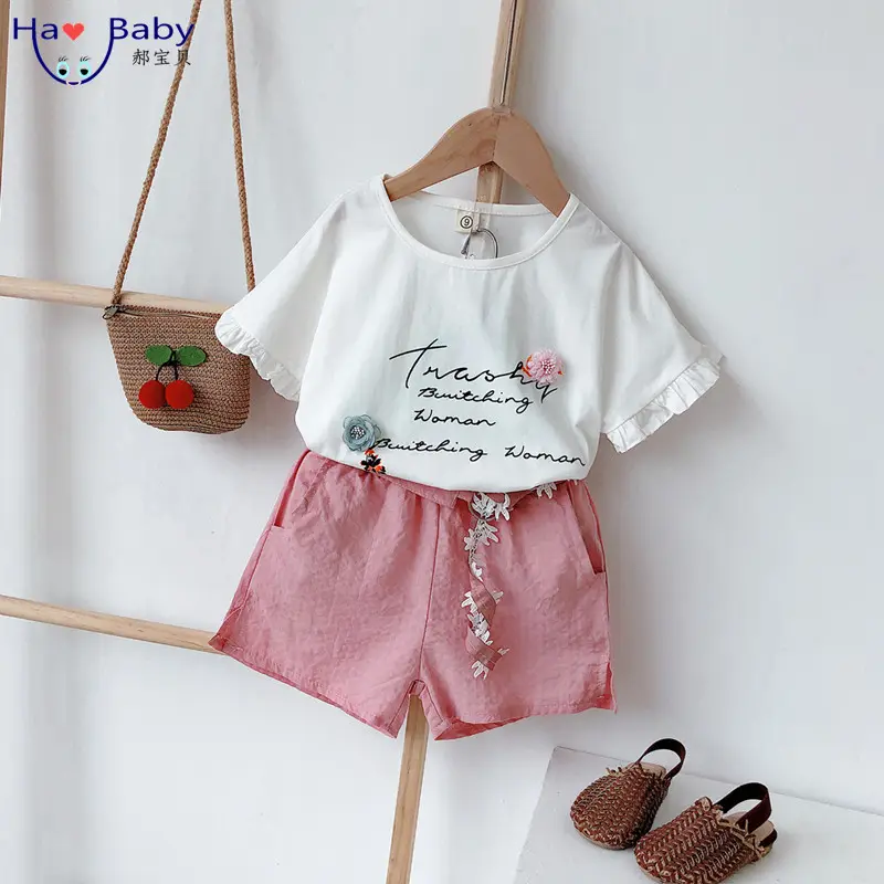 Hao roupa infantil, camiseta casual de manga curta para meninas, novidade verão