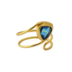 런던 블루 토파즈 원석 반지 금도금 조 모양 원석 손 디자인 반지 진짜 완전히 조절 가능한 반지 보석 선물