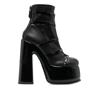 Wine Red Super High Platform Women <b>Block</b> Heels Shoes Belt Buckles Woman Short Ankle Boots Round Toe Thick Sole Booties - Product Image 2