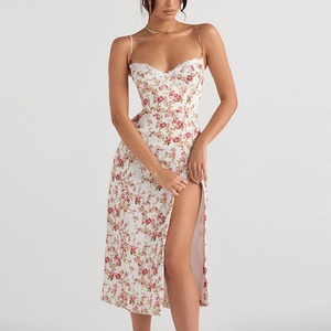 Robe longue fendue à col en V sexy, coupe classique, imprimé floral numérique vintage, en dentelle naturelle, vente en gros d'été - Product Image 1