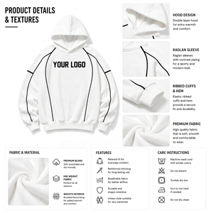 White <b>Pullover</b> Hoodie Raglan Sleeve Contrast Piping Oversized Fit <b>Mens</b> Streetwear Casual Hoodies Custom Wholesale B2B supplier - Product Image 5