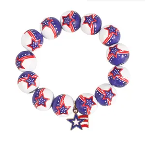 USA Flags Wooden Bracelets 4th of July Independence Day Charm Bracelet Beaded Stretch Multi-Layer Bracelet