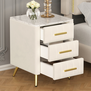 Upholstered Nightstand With 3 Drawers Metal Legs And Handles <b>Marbling</b> Top Beige <b>Bedside</b> <b>Table</b> - Product Image 1