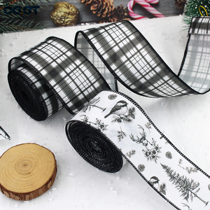 Ruban de Noël à bordure filée, imprimé à carreaux Buffalo noir et blanc, cerf, oiseaux et sapins, pour couronnes et emballages cadeaux - Product Image 3