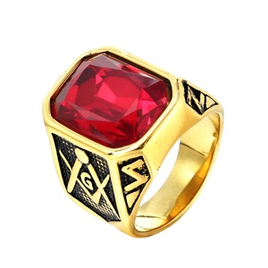 Gold Plated Signet <b>Ring</b> with <b>Ruby</b> Red Stone Masonic Emblem Sides Bold Vintage Style Heavy Band Polished Gold Tone <b>for</b> <b>Men</b> - Product Image 2