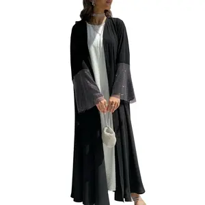 Luxe Open Voorkant Handgenaaide Kralen Mouwen Riem Gewaad Pailletten Islamic Kimono Moslim Vrouwen Feest Abaya Dubai Jalabiya Hijab Jurk