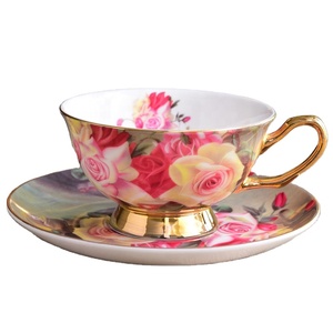 Vintage Style Eco-Friendly Ceramic Floral Coffee <strong>Cup</strong> <strong>Saucer</strong> <strong>Set</strong> 200ml Bone China with Custom Logo <strong>and</strong> Dish for Restaurant - Product Image 1