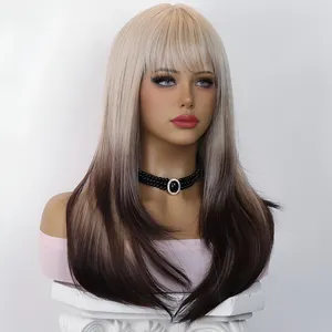 Smilco Everyday Fashion Choice 24 Inches of Blonde to Brown Ombre Straight Hair Wig with Full Bangs