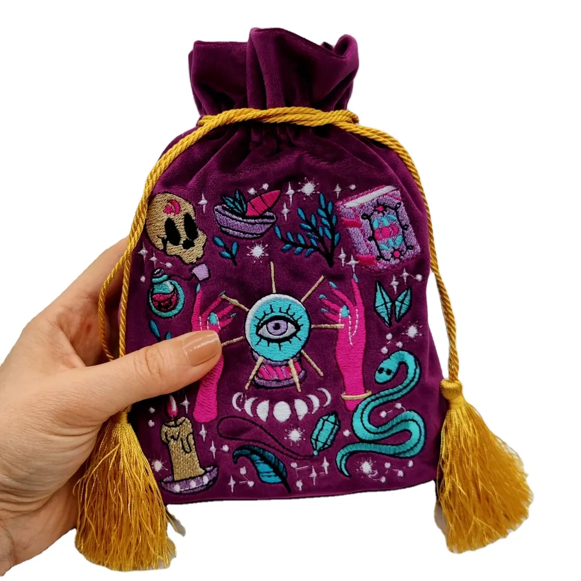 Bolso de terciopelo satinado con bordado personalizado de fábrica, bolsa de Tarot con cordón