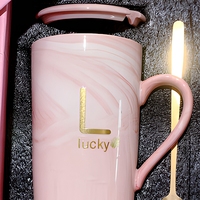 Mug en céramique marbrée avec couvercle et cuillère, boîte cadeau pour fête, tasse à café de 400 ml