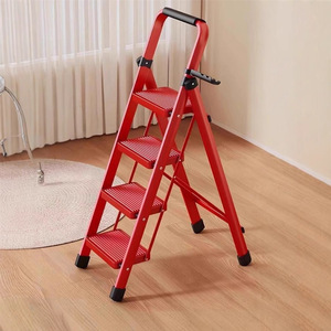 บันไดเหล็กคาร์บอนสีแดงพับได้ 4 ขั้น พกพาสะดวกสำหรับใช้ในบ้าน - Product Image 1