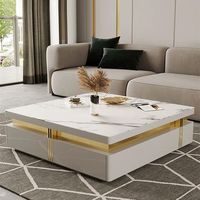 Table basse carrée moderne de luxe en pierre frittée avec piètement en acier inoxydable doré, tables de salon avec rangement pour le thé