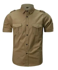 100% cotton heavy duty short sleeve tactical cargo work shirts for men khaki color