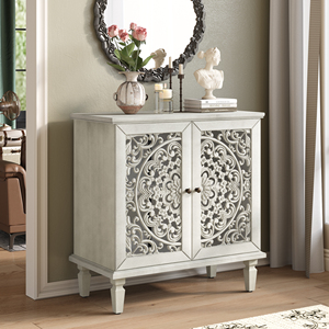 Vintage Hollow Carved Accent <b>Cabinet</b> 2 Door <b>Display</b> Storage <b>Sideboard</b> Symmetrical Floral Design Adjustable Shelf - Product Image 1